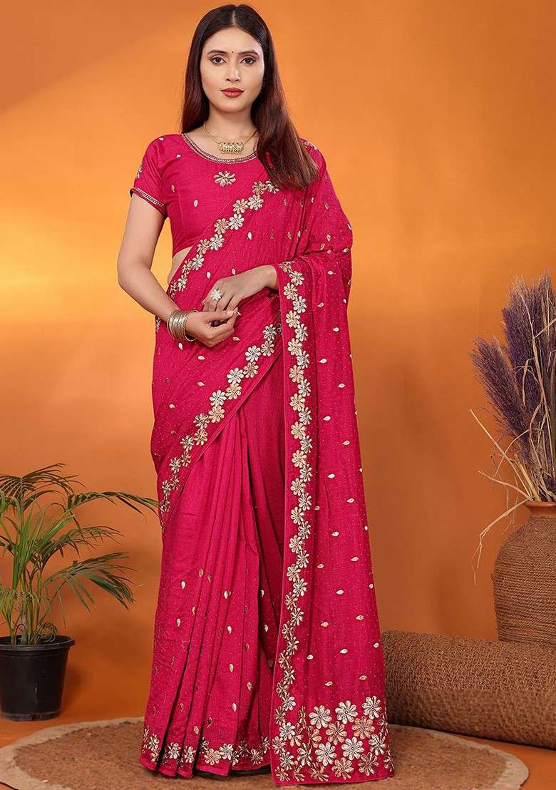 Pink Embellished Poly Blend Saree Set - Indya
