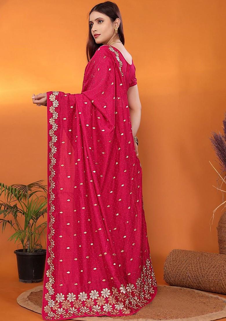 Pink Embellished Poly Blend Saree Set