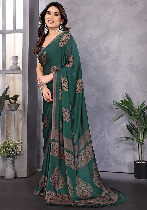 Green Embellished Poly Blend Saree Set