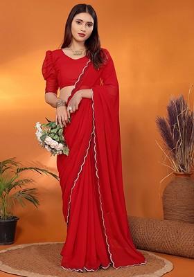 Red Embellished Georgette Saree Set