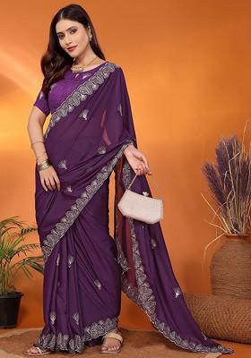 Purple Embellished Georgette Saree Set