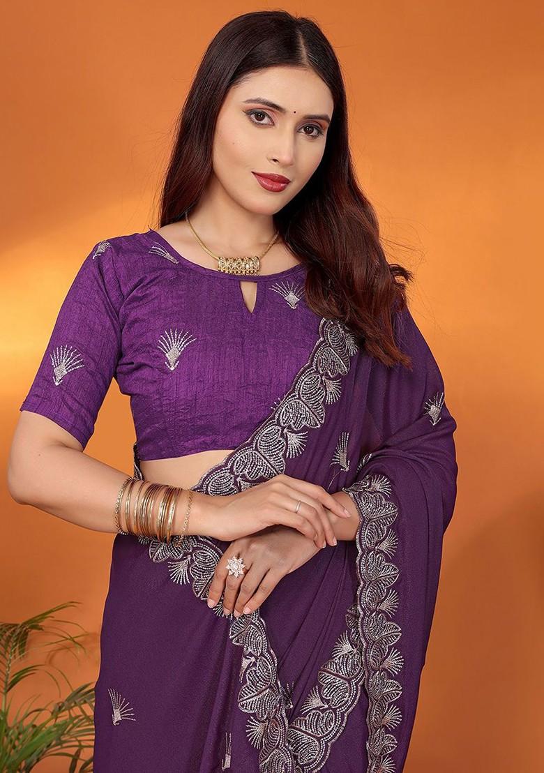 Purple Embellished Georgette Saree Set