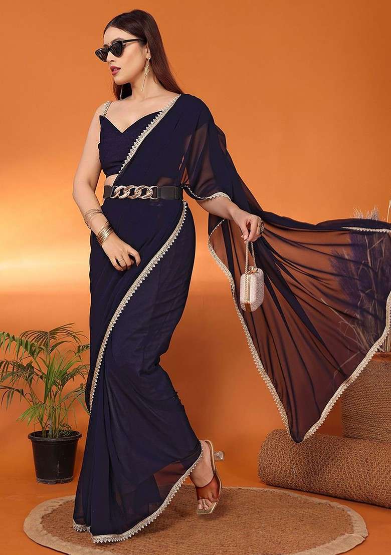Navy Blue Beads And Stone Georgette Saree Set - Indya