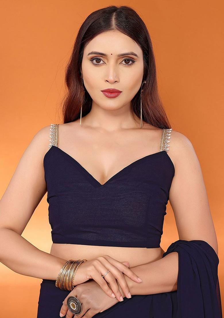 Navy Blue Beads And Stone Georgette Saree Set