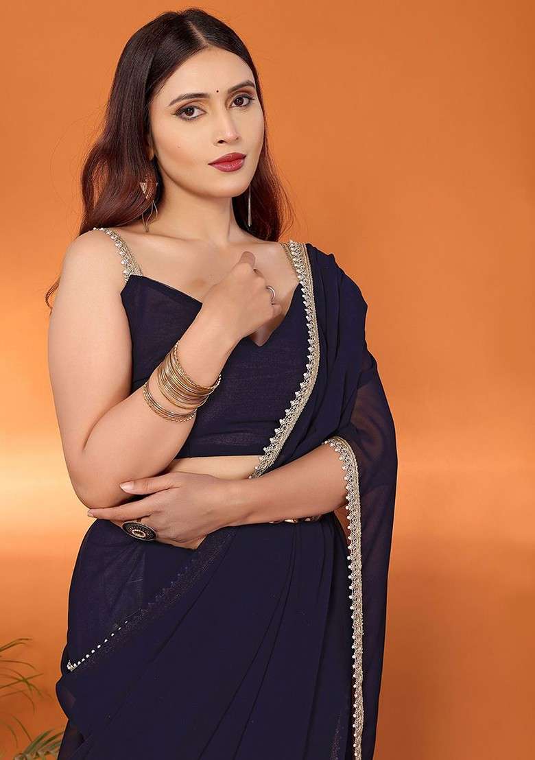 Navy Blue Beads And Stone Georgette Saree Set - Indya