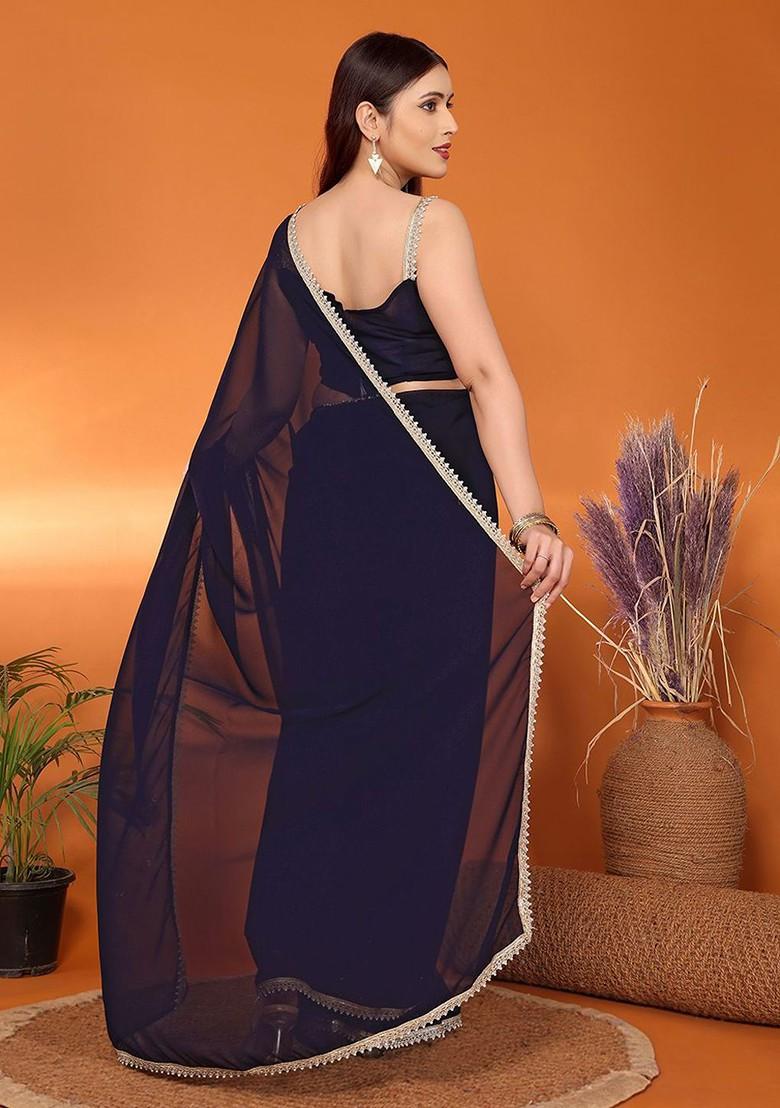 Navy Blue Beads And Stone Georgette Saree Set