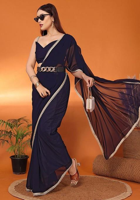 Navy Blue Beads And Stone Georgette Saree Set