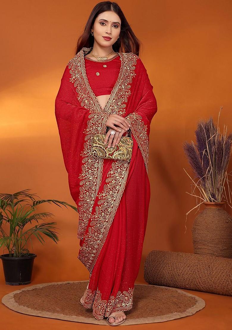 Red Embellished Poly Blend Saree Set