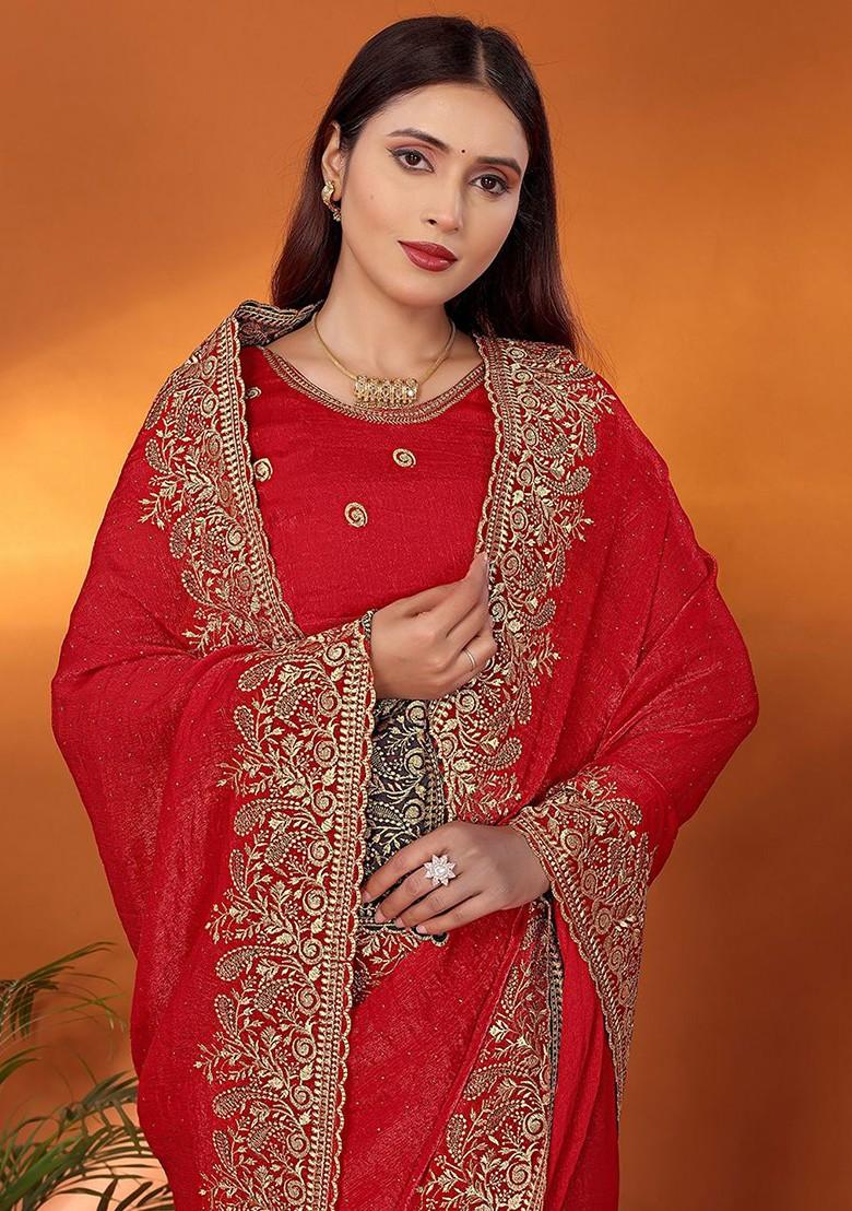 Red Embellished Poly Blend Saree Set