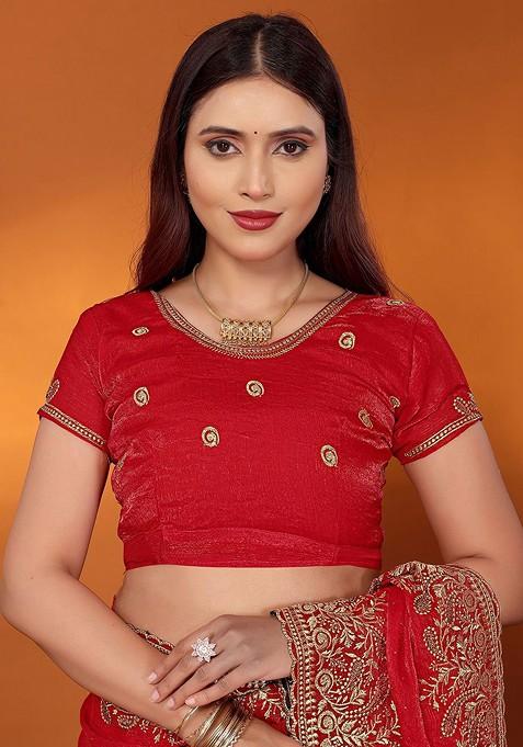 Red Embellished Poly Blend Saree Set