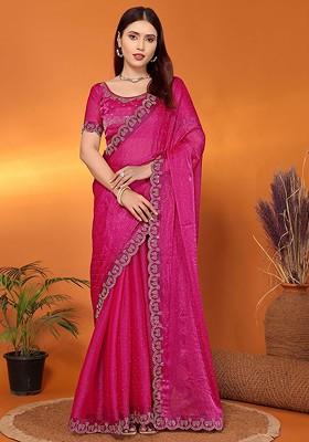Pink Embellished Poly Blend Saree Set