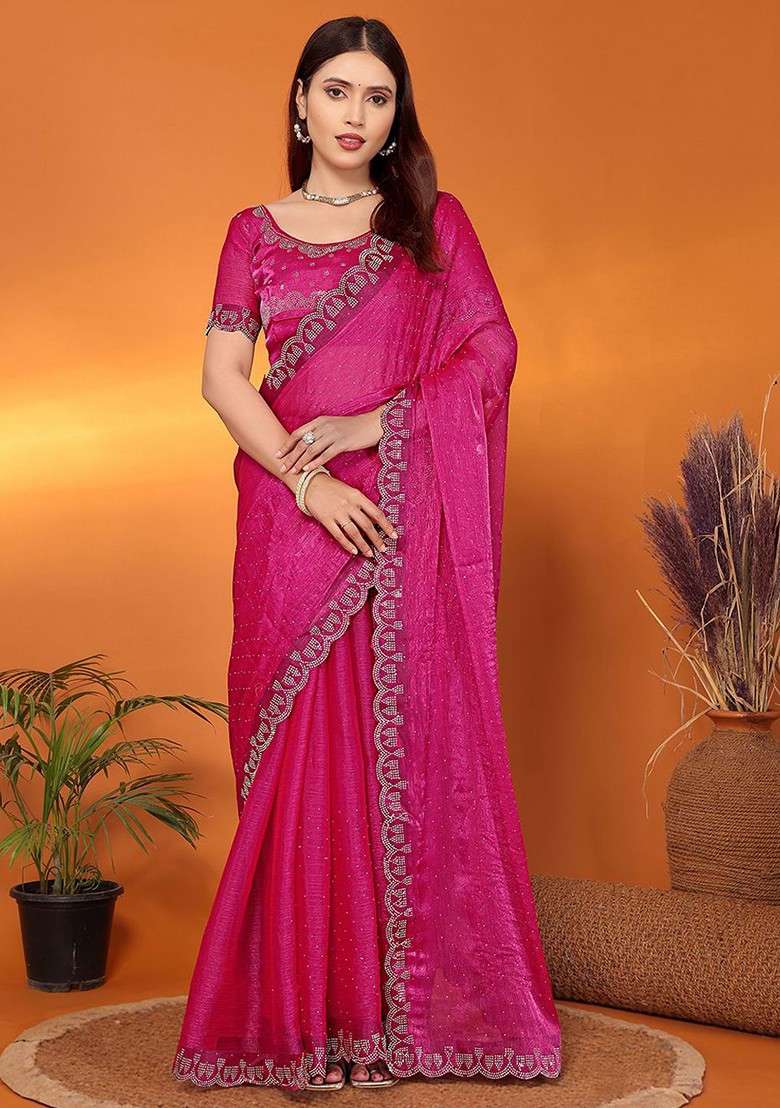 Pink Embellished Poly Blend Saree Set - Indya