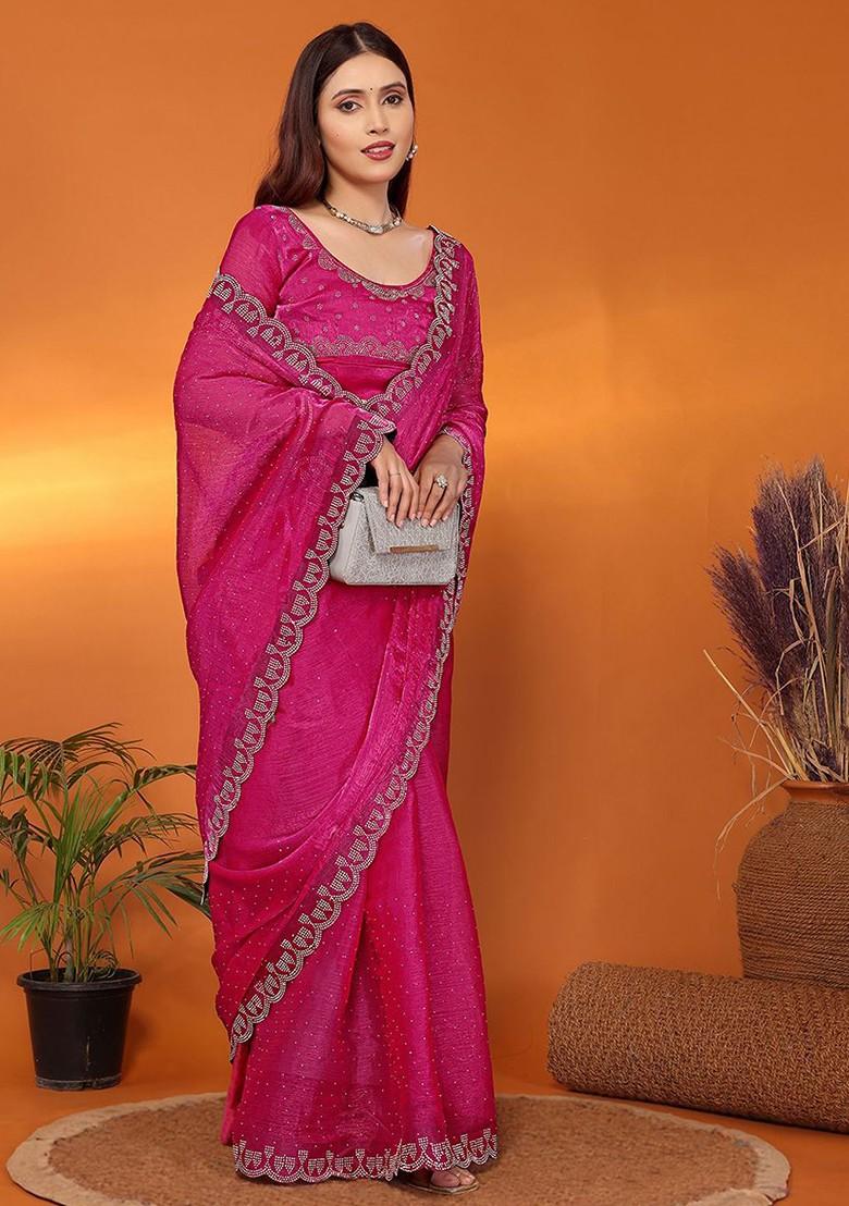 Pink Embellished Poly Blend Saree Set