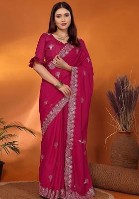 Pink Embellished Georgette Saree Set