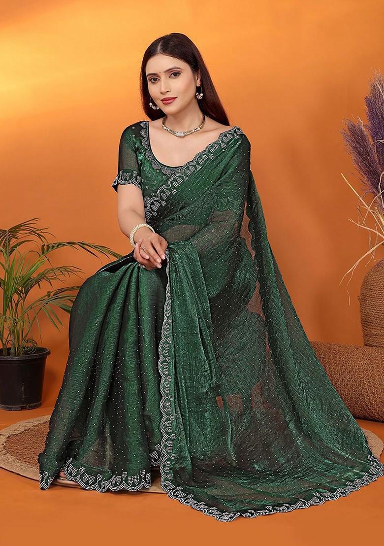 Green Embellished Poly Blend Saree Set