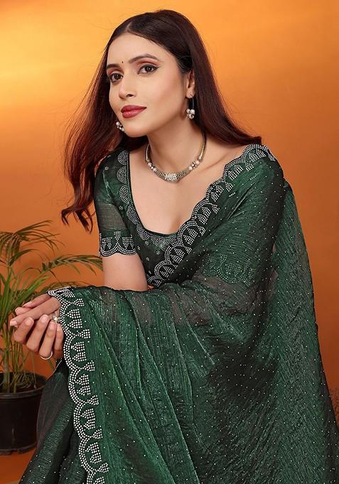 Green Embellished Poly Blend Saree Set