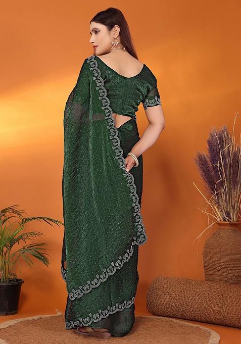 Green Embellished Poly Blend Saree Set