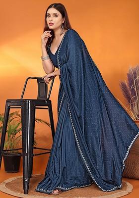 Teal Green Embellished Poly Blend Saree Set