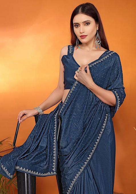 Teal Green Embellished Poly Blend Saree Set