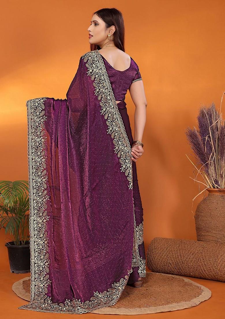 Purple Embellished Poly Blend Saree Set