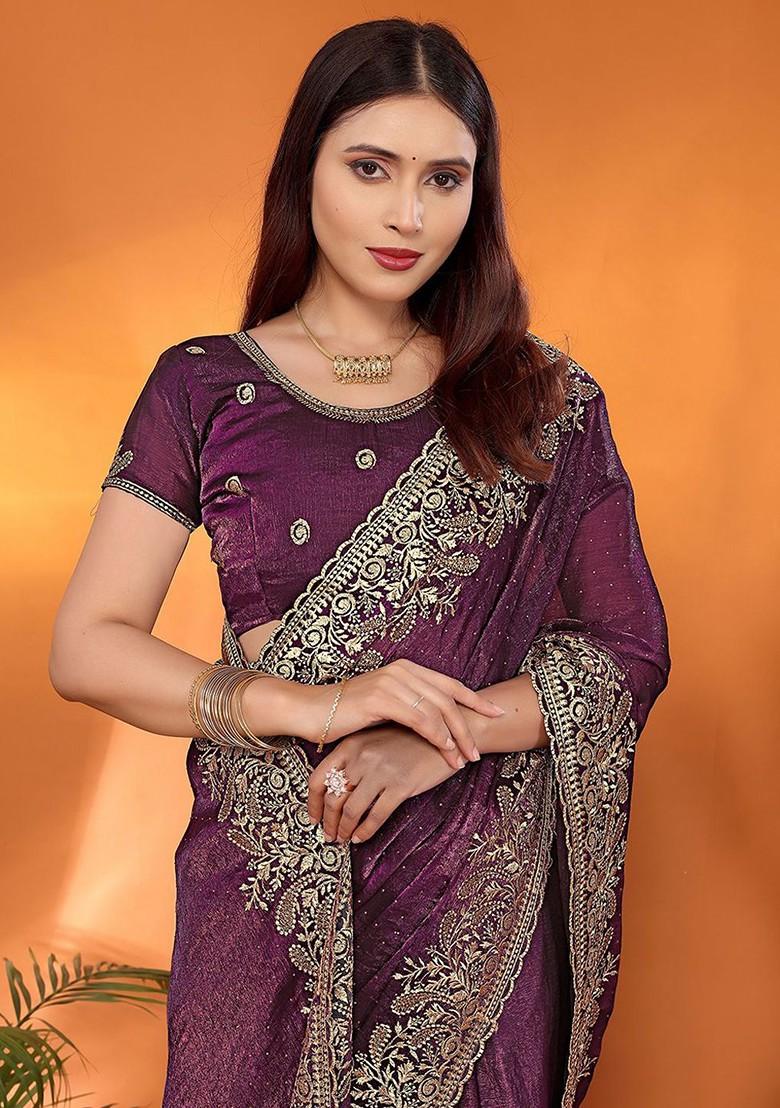 Purple Embellished Poly Blend Saree Set