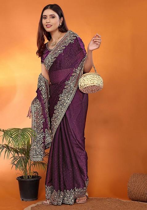 Purple Embellished Poly Blend Saree Set
