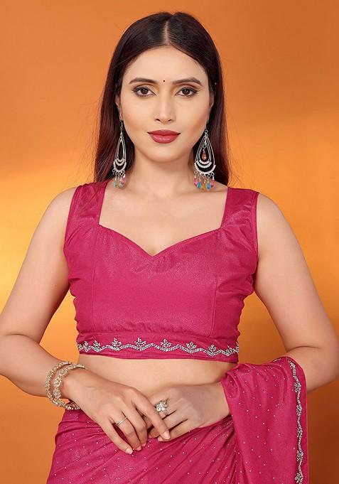 Pink Embellished Poly Blend Saree Set