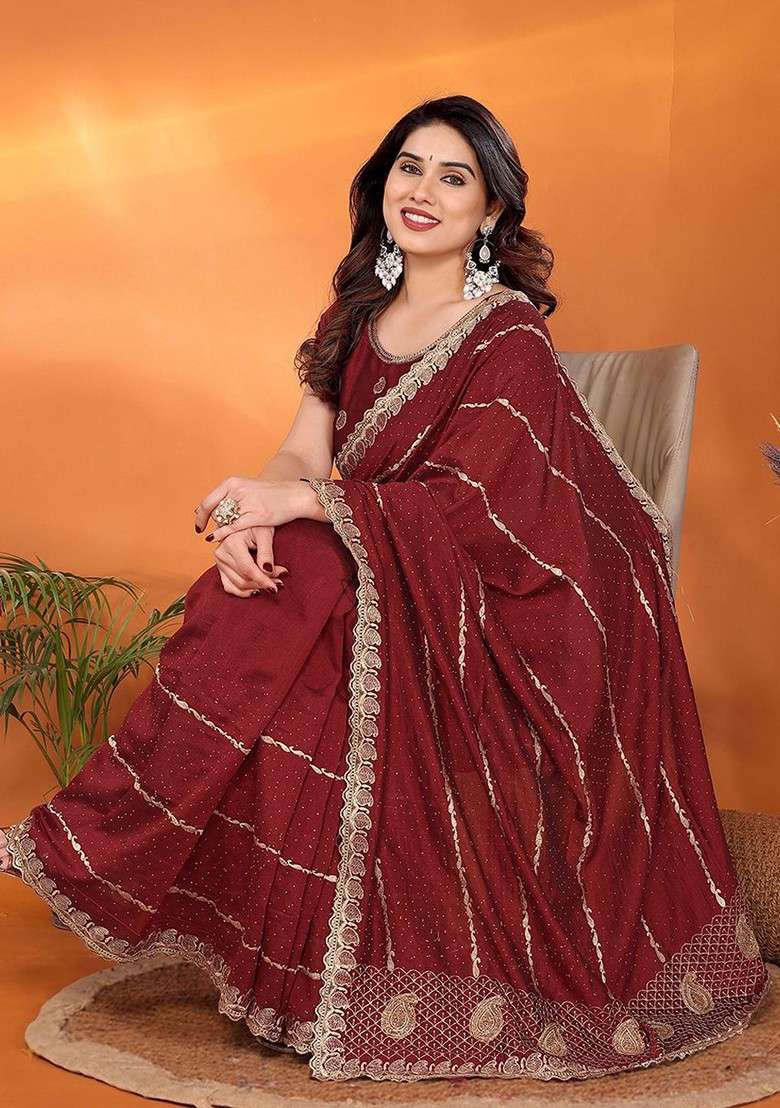 Maroon Embellished Poly Blend Saree Set - Indya
