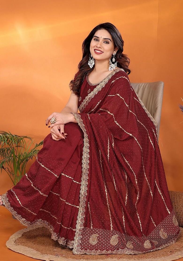 Maroon Embellished Poly Blend Saree Set