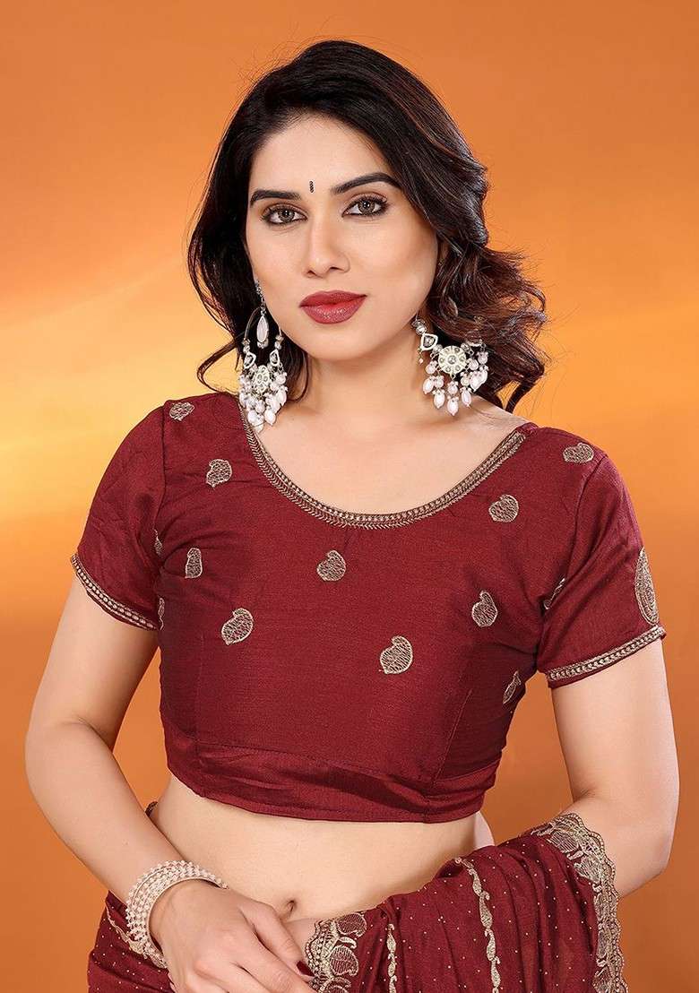 Maroon Embellished Poly Blend Saree Set - Indya