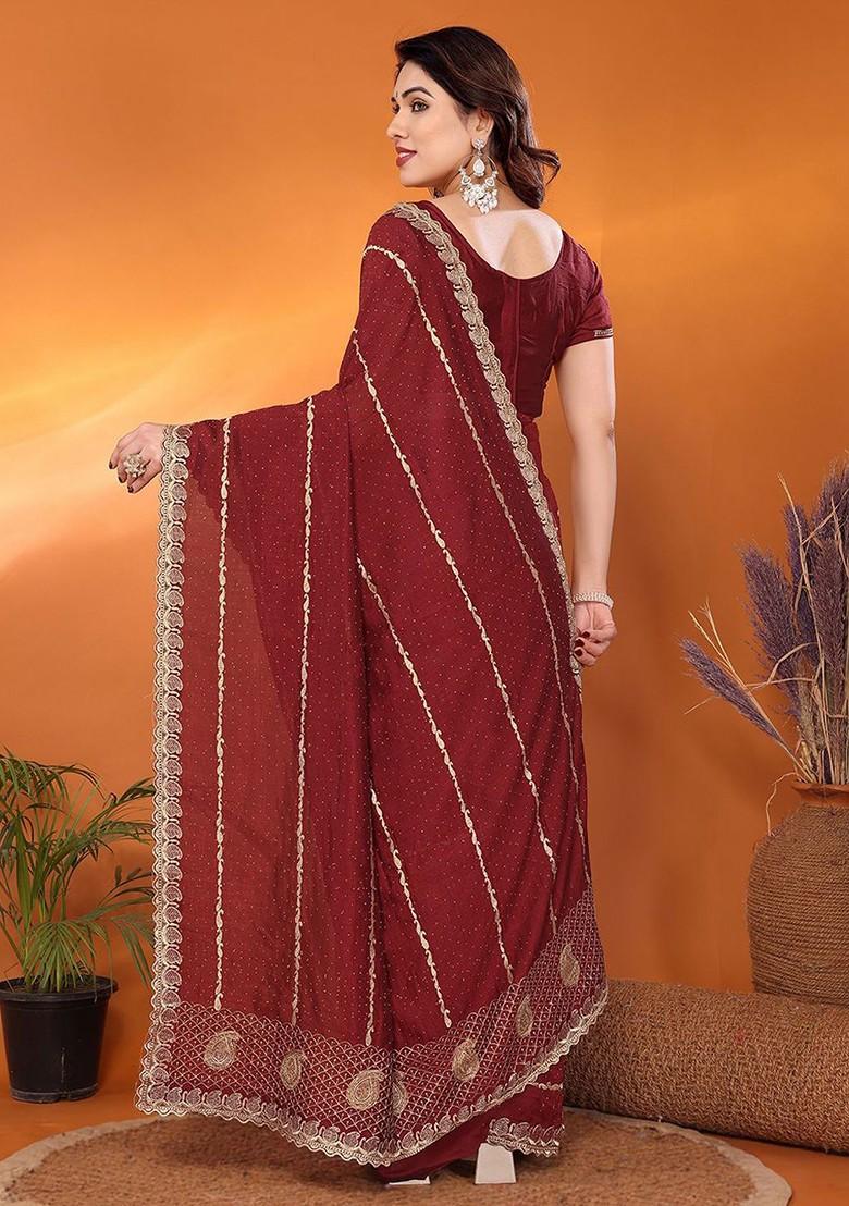 Maroon Embellished Poly Blend Saree Set