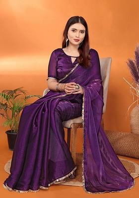 Purple Embellished Poly Blend Saree Set