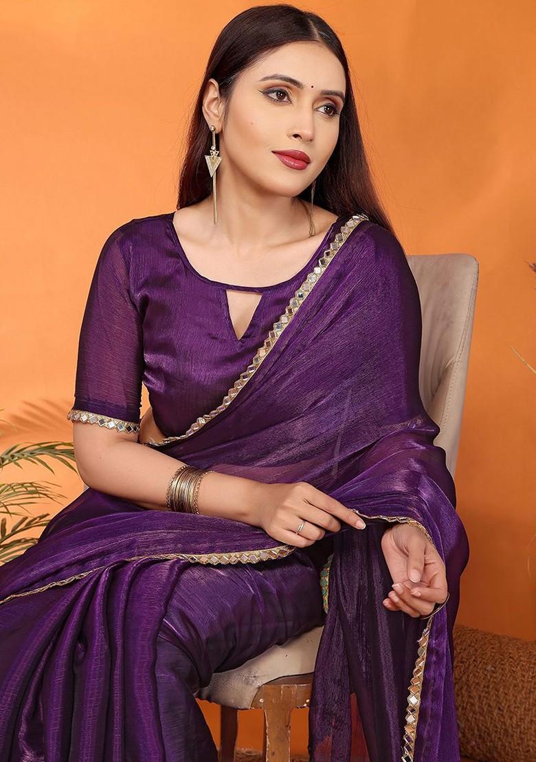 Purple Embellished Poly Blend Saree Set