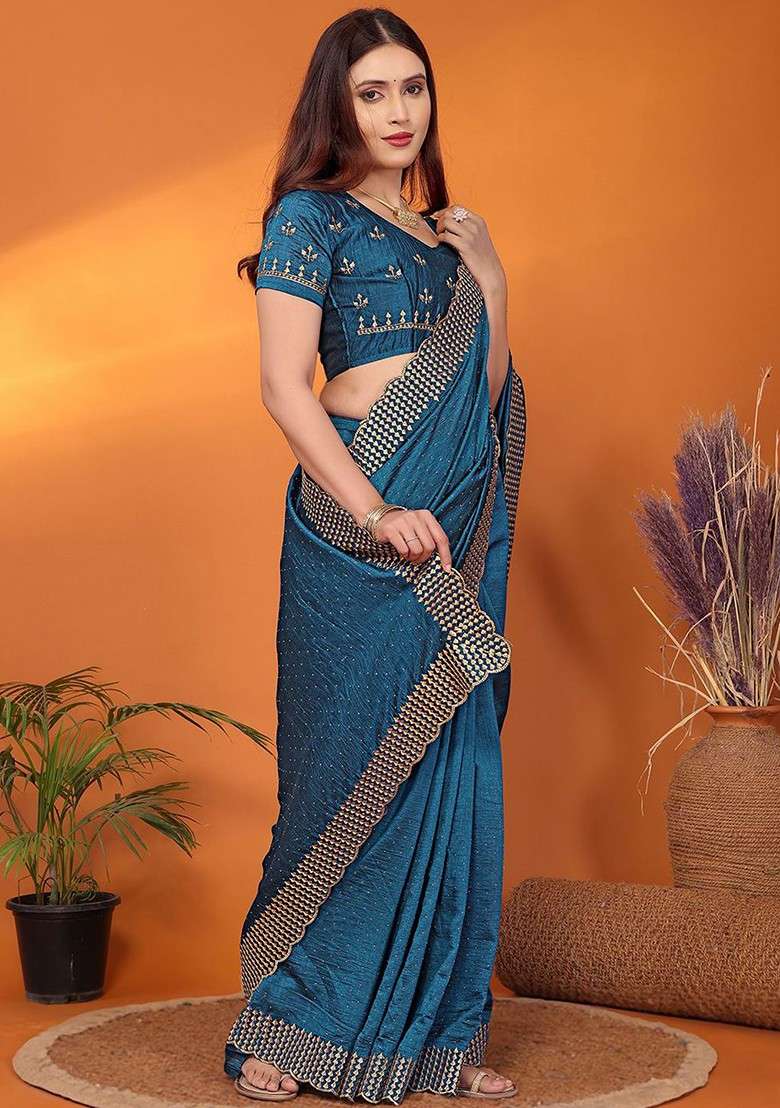Blue Floral Embroidered Poly Blend Saree Set - Indya