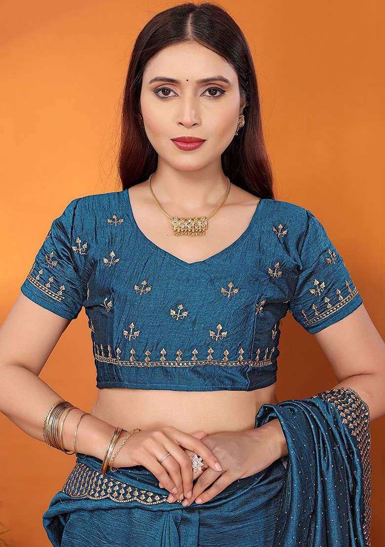 Blue Floral Embroidered Poly Blend Saree Set - Indya