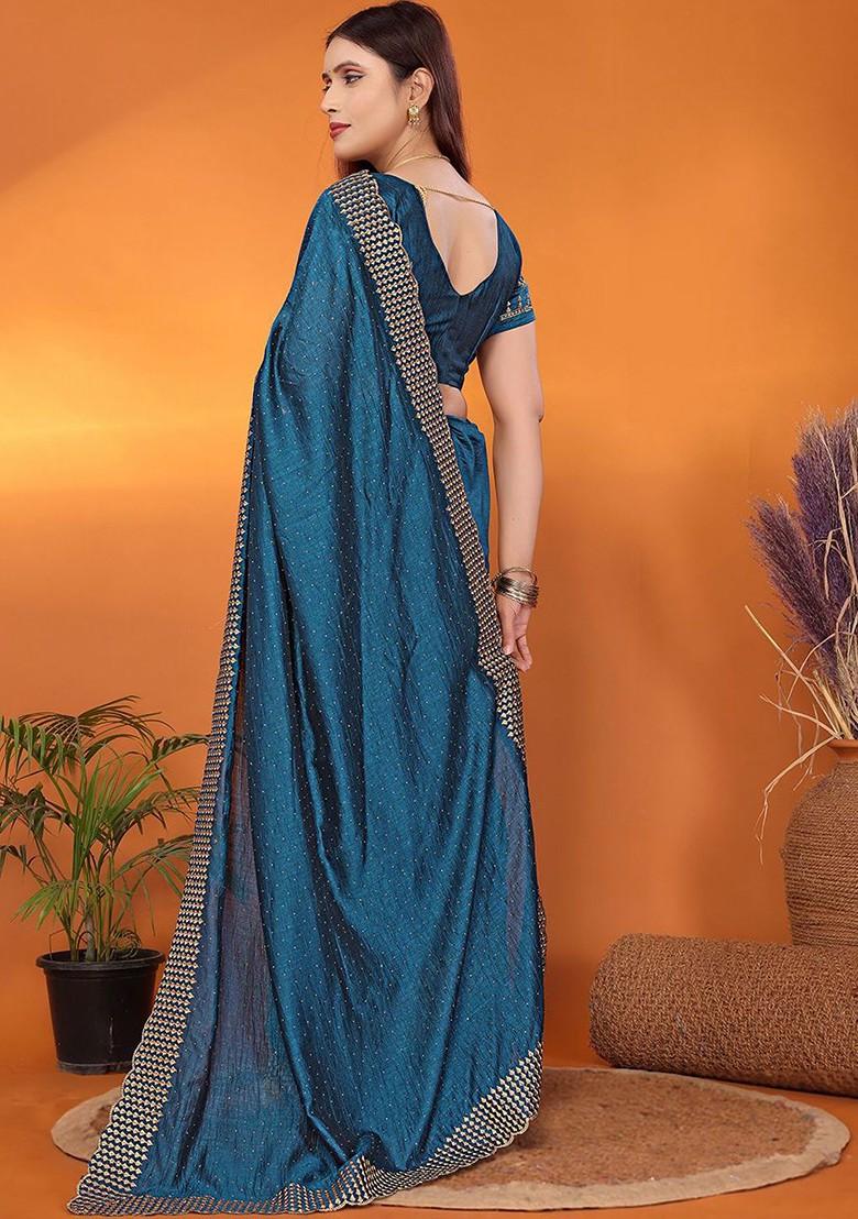 Blue Floral Embroidered Poly Blend Saree Set