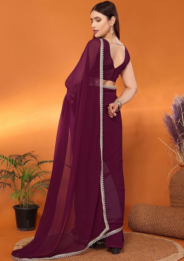 Purple Beads And Stone Georgette Saree Set