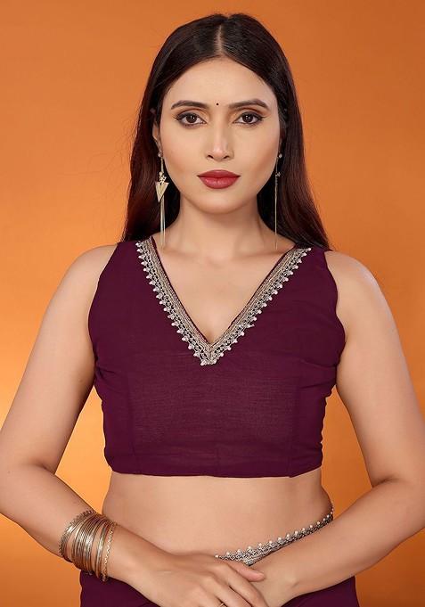 Purple Beads And Stone Georgette Saree Set