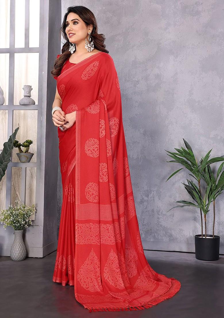 Red Zari Poly Blend Saree Set