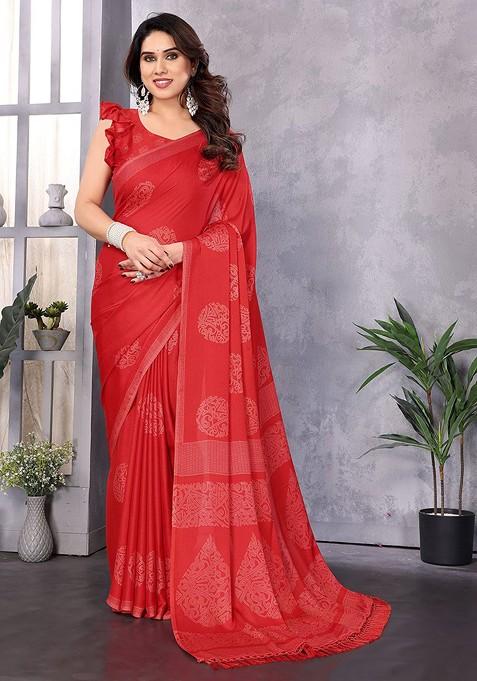 Red Zari Poly Blend Saree Set