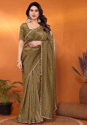 Olive Green Embellished Tissue Saree Set