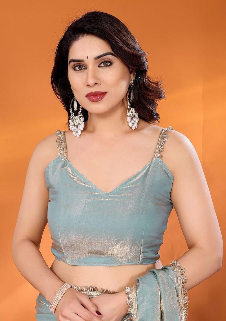 Blue Embellished Poly Blend Saree Set