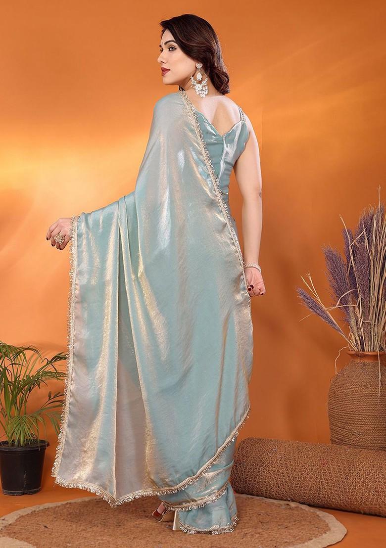 Blue Embellished Poly Blend Saree Set