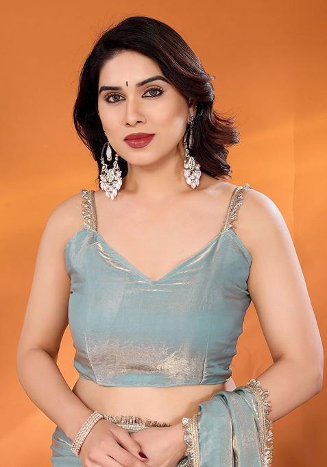 Blue Embellished Poly Blend Saree Set