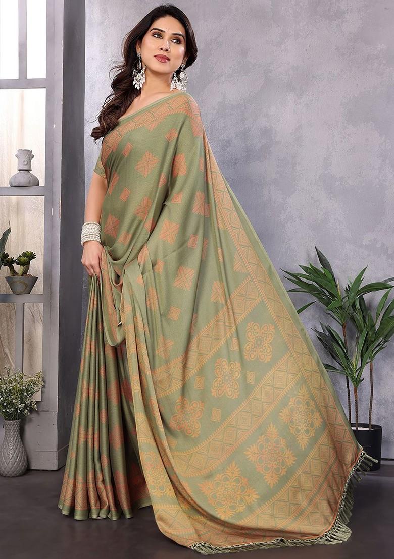 Green Block Print Poly Blend Saree Set