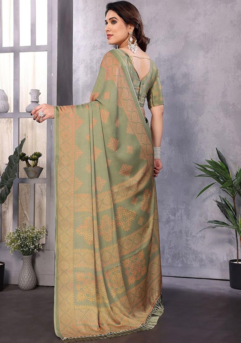 Green Block Print Poly Blend Saree Set