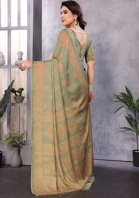 Green Block Print Poly Blend Saree Set