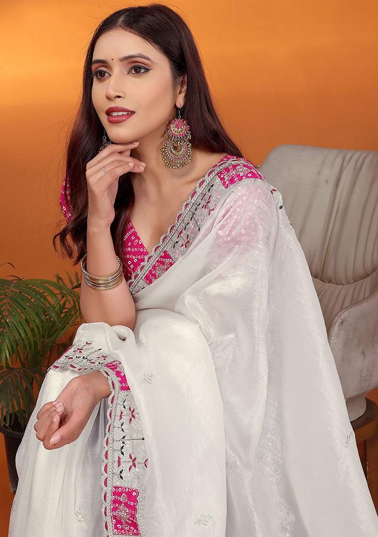 White Embellished Organza Saree Set
