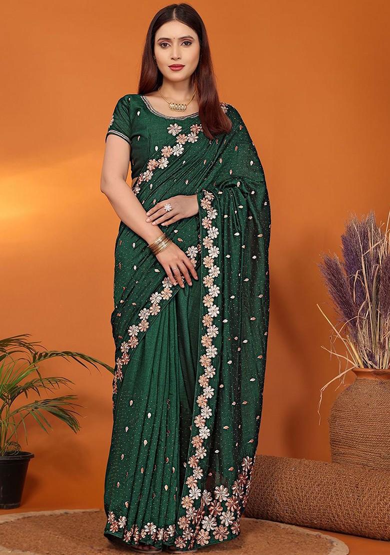 Green Embellished Poly Blend Saree Set