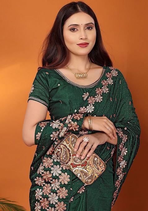 Green Embellished Poly Blend Saree Set